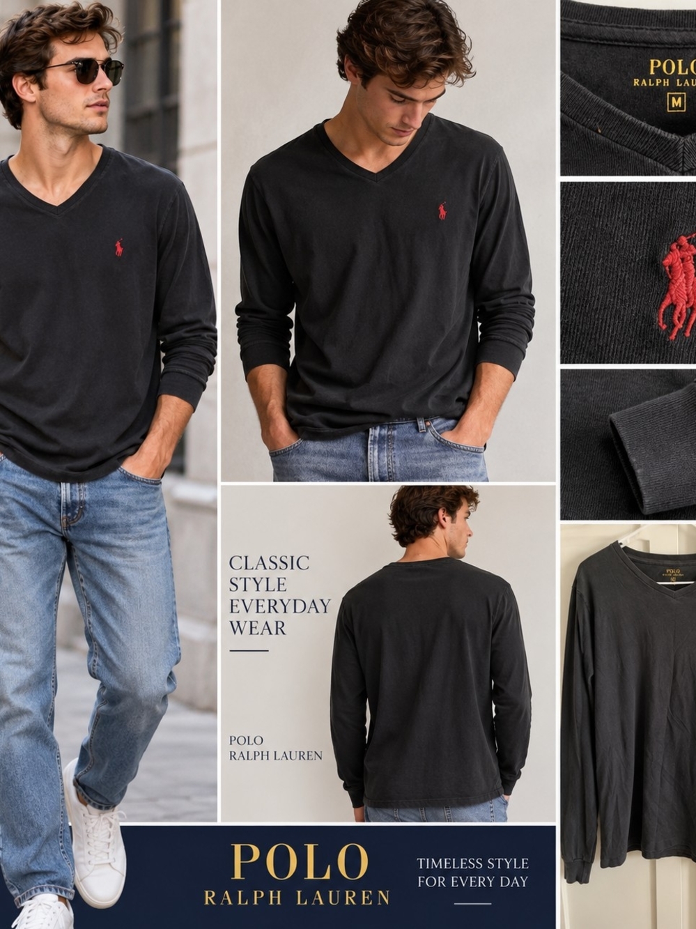 Polo by Ralph Lauren Men’s Black V-Neck Long-Sleeve Shirt with Red Pony